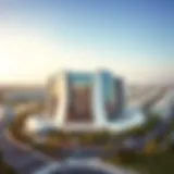 Aerial view of the Al Hudaiba Awards Building showcasing its unique architectural design