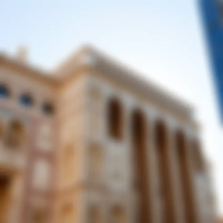 Close-up of the intricate façade of the Al Hudaiba Awards Building