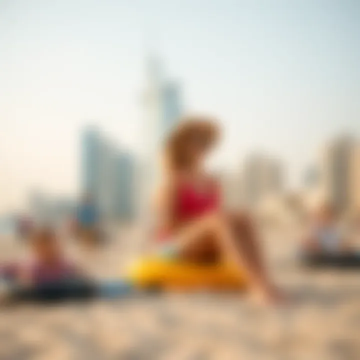 Families enjoying leisure activities along the sandy shores of Dubai Marina Beach