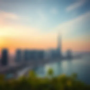 Sunset Over Dubai Marina Skyline A breathtaking sunset over the skyline of Dubai Marina Beach, highlighting its urban appeal