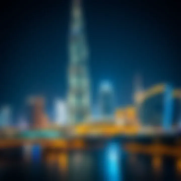 Night view of the Dubai World Trade Centre illuminated against the skyline
