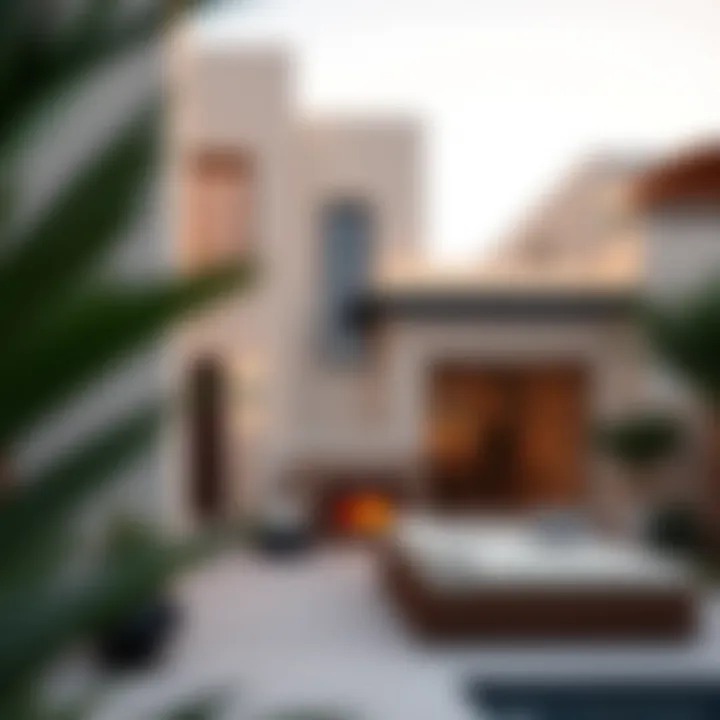 Architectural details of a contemporary home with outdoor areas in Aljada
