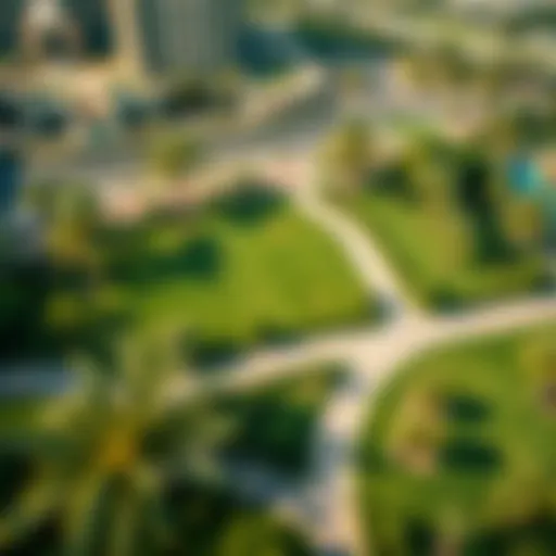 Aerial view of Barsha Park featuring lush greenery and walking paths
