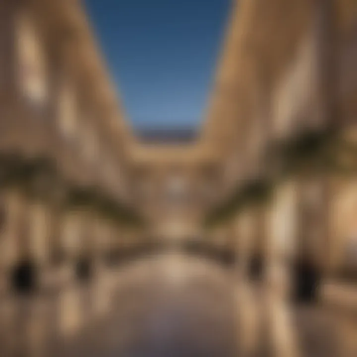 Vibrant retail spaces filled with high-end brands along the boulevard.