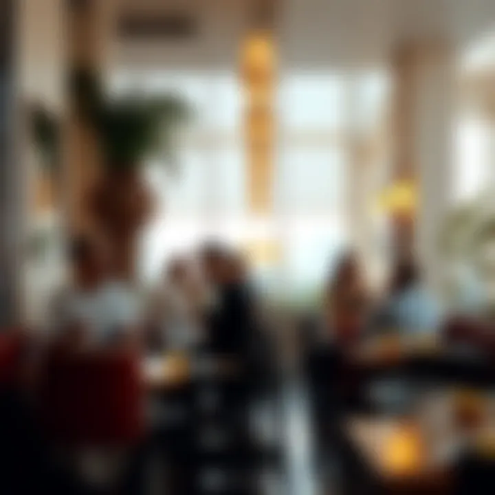 A cozy café setting with patrons enjoying their morning meals