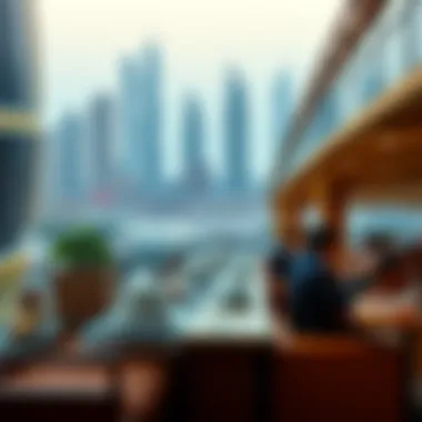 Dubai Mall Breakfast Spots Against the City Skyline A panoramic view of Dubai Mall's breakfast spots with the skyline in the background