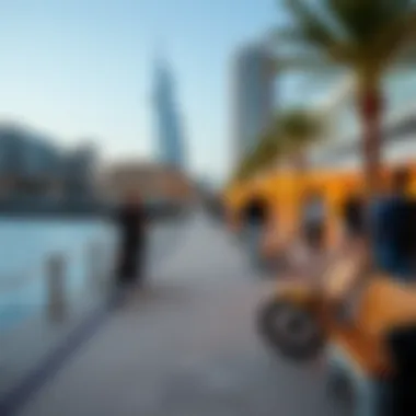 Vibrant lifestyle scene at a waterfront promenade in Business Bay