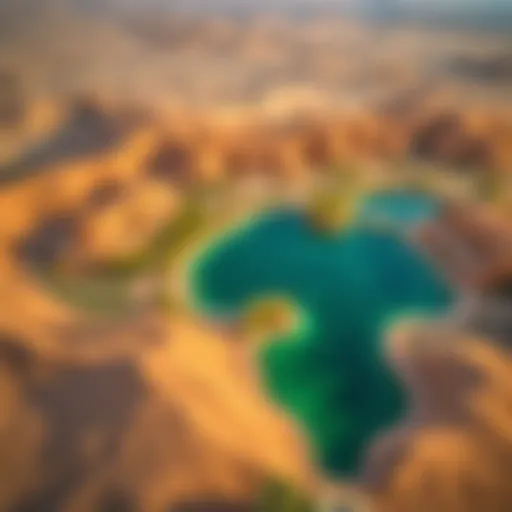 Aerial view showcasing the lush greenery of Liwa Oasis amidst the vast desert landscape