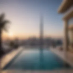 A stunning private pool with a city skyline backdrop in a luxury hotel