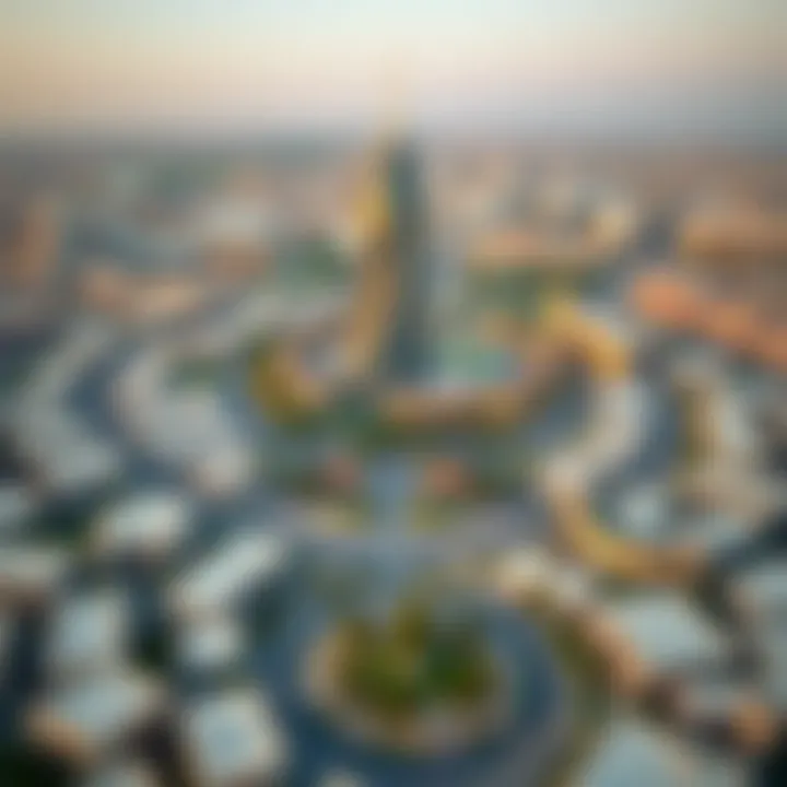 Panoramic view of Jumeirah Village Circle with Oudah Tower as a focal point