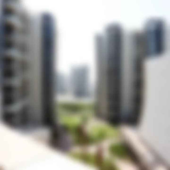 Modern apartment buildings overlooking a green space in Dubai