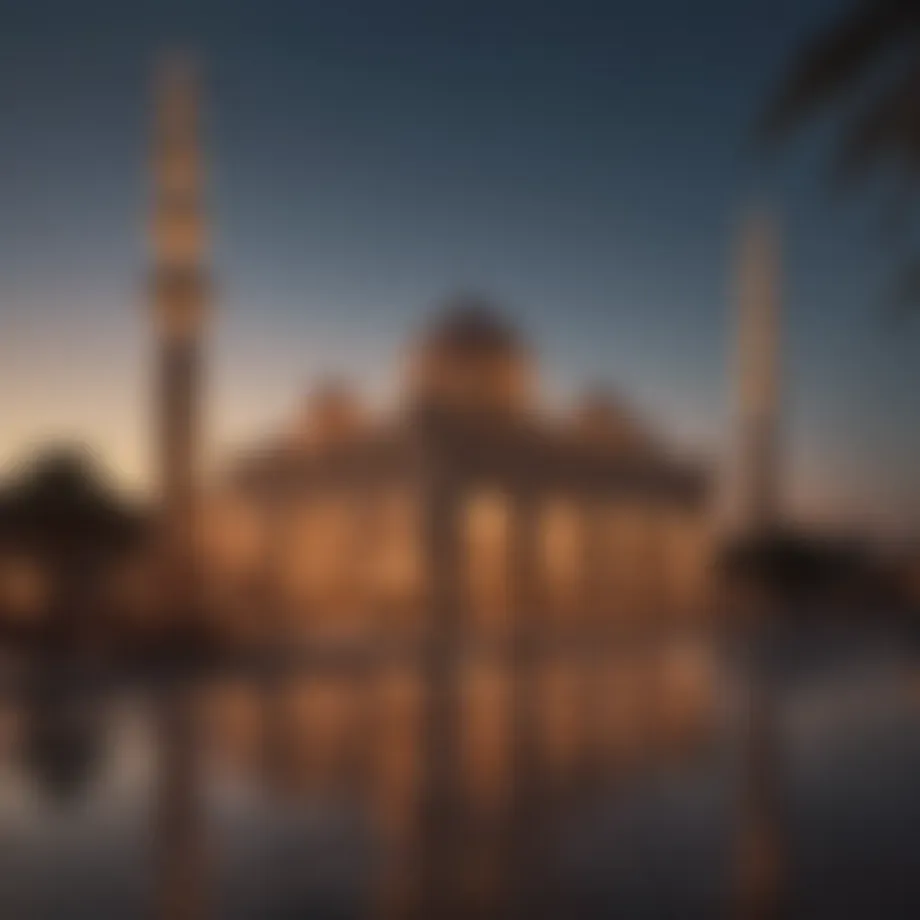 A serene setting of a mosque adorned with lanterns during Ramzan evenings