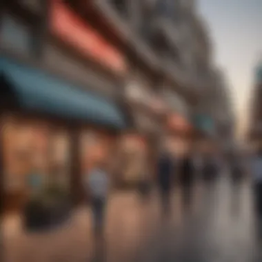 A bustling scene showcasing the retail landscape of Deira Vibrant street view of retail shops in Deira