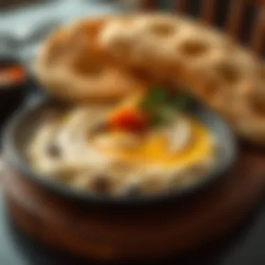 Authentic Flavors of Syrian Bread and Hummus A close-up of a plate of freshly baked pita bread served with hummus.