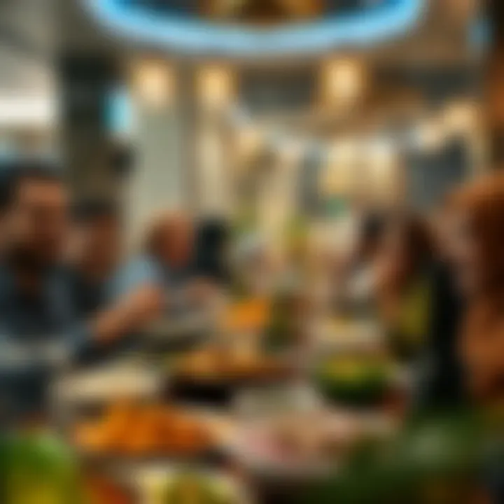 A group of diners enjoying a shared meal, showcasing the communal aspect of Syrian dining.