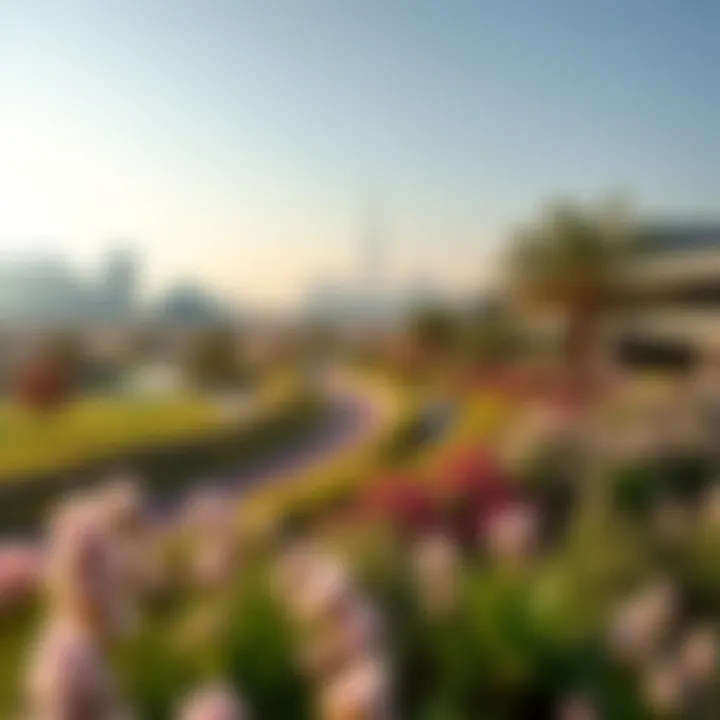 Panoramic view of Khalifa A Track Garden against Dubai's skyline