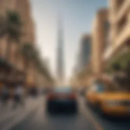 A busy Dubai street showcasing iconic landmarks