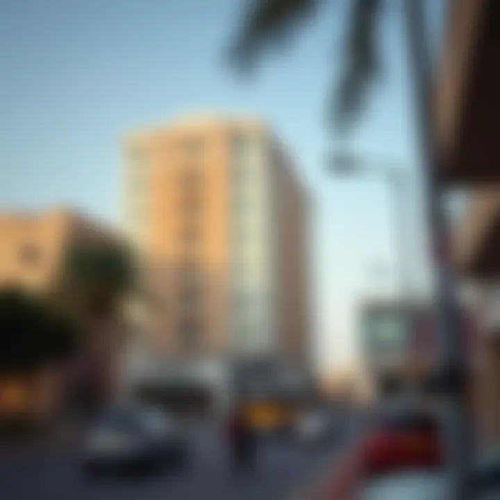 Street view of Satwa with Al Maraya Building as a focal point