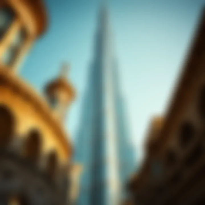 Architectural details of a prominent tower in Dubai