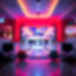 Bowling lane with vibrant lighting in a mega mall